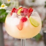 A close-up of agin English Garden cocktail garnished with freeze-dried fruit.