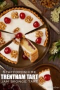 Labelled image of sliced Trentham tart topped with glacé icing, glacé cherries and walnuts.
