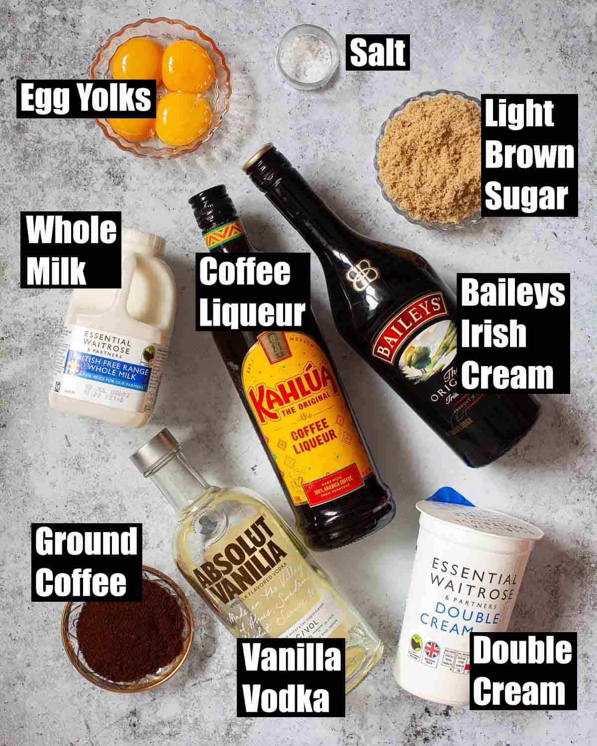 Labelled ingredeints for boozy ice cream with coffee, Baileys and other alcohol.
