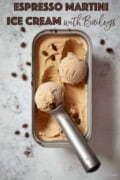 Espresso martini coffee ice cream in a pot with balls scooped out with text overlay.