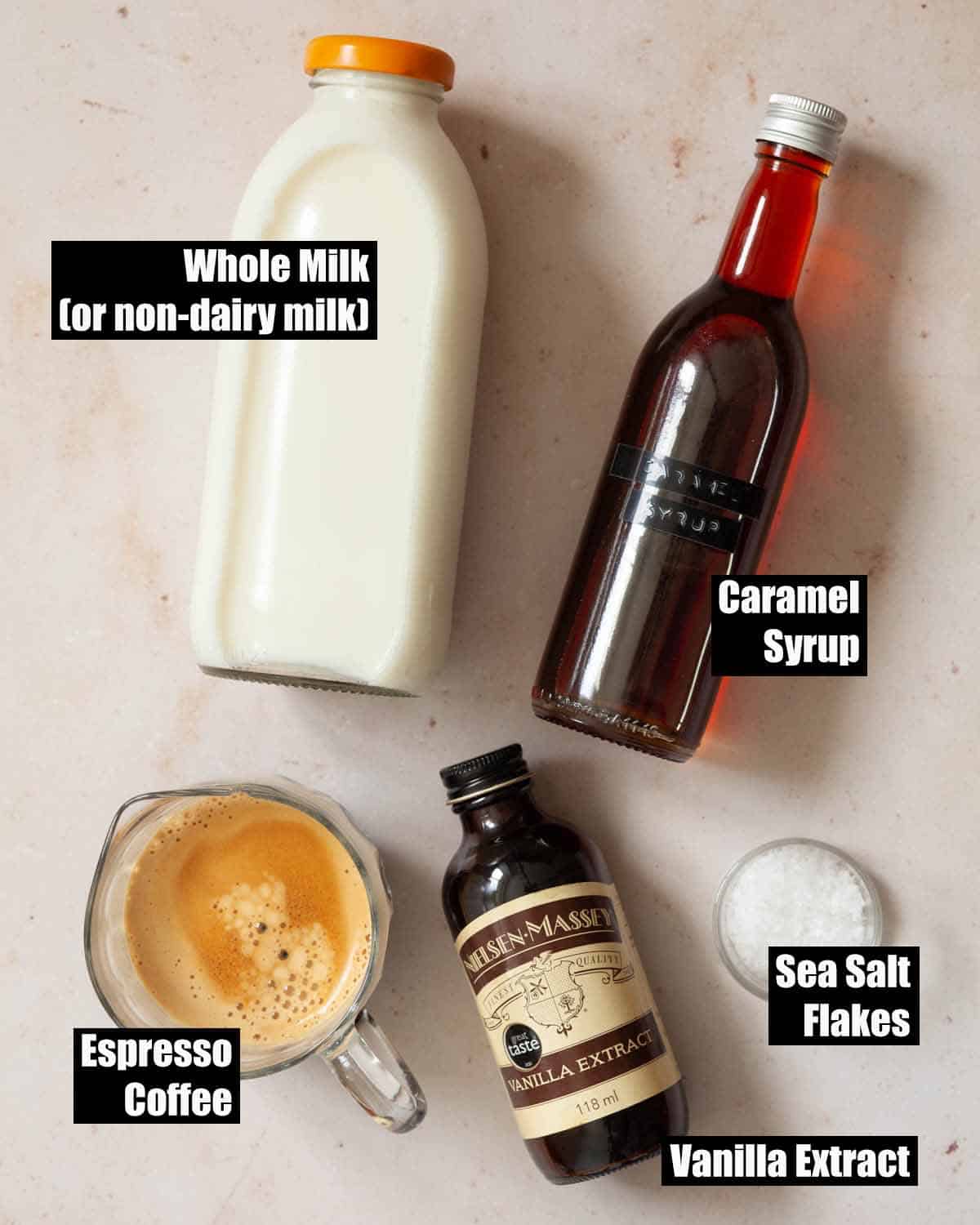 Ingredients for salted caramel coffee with text overlay.