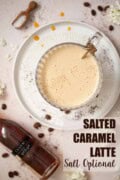 Frothy caramel coffee drink in a mug with ingredients surrounding it with text overlay.