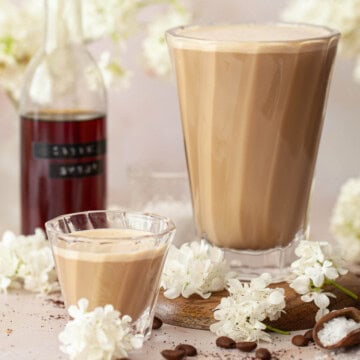 Close up of caramel coffee drinks in heatproof glasses.