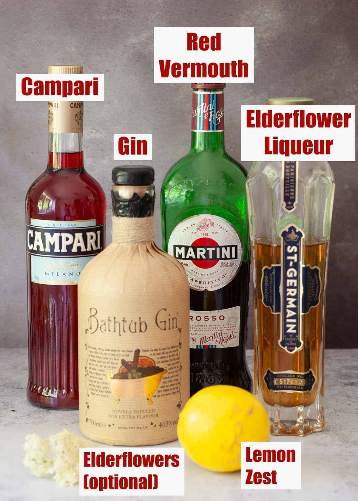 Ingredients for a St Germain gin cocktail with text overlay.