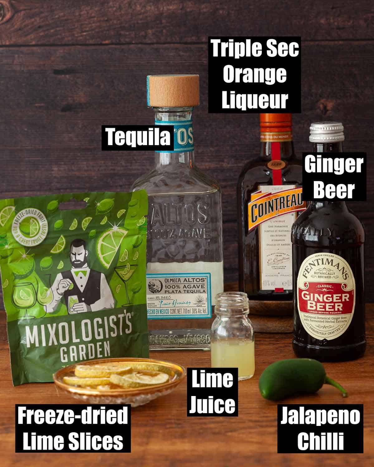 Ingredients for a tequila mule with text overlay.