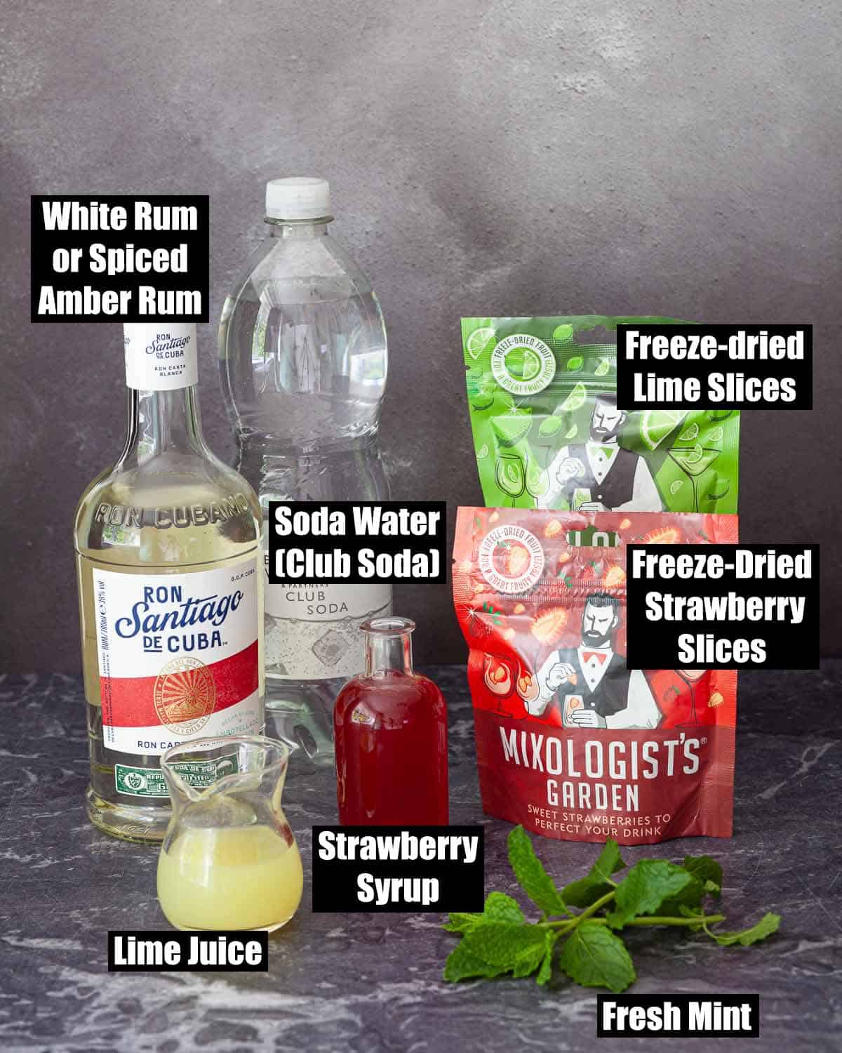 Labelled ingredients for a red cocktail for Halloween
