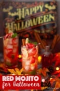 Glasses of red strawberry flavoured mojito cocktails with text overlay.
