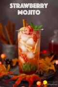 A glass of strawberry flavoured mojito garnished with freeze dried fruit in an autumnal setting with text overlay.