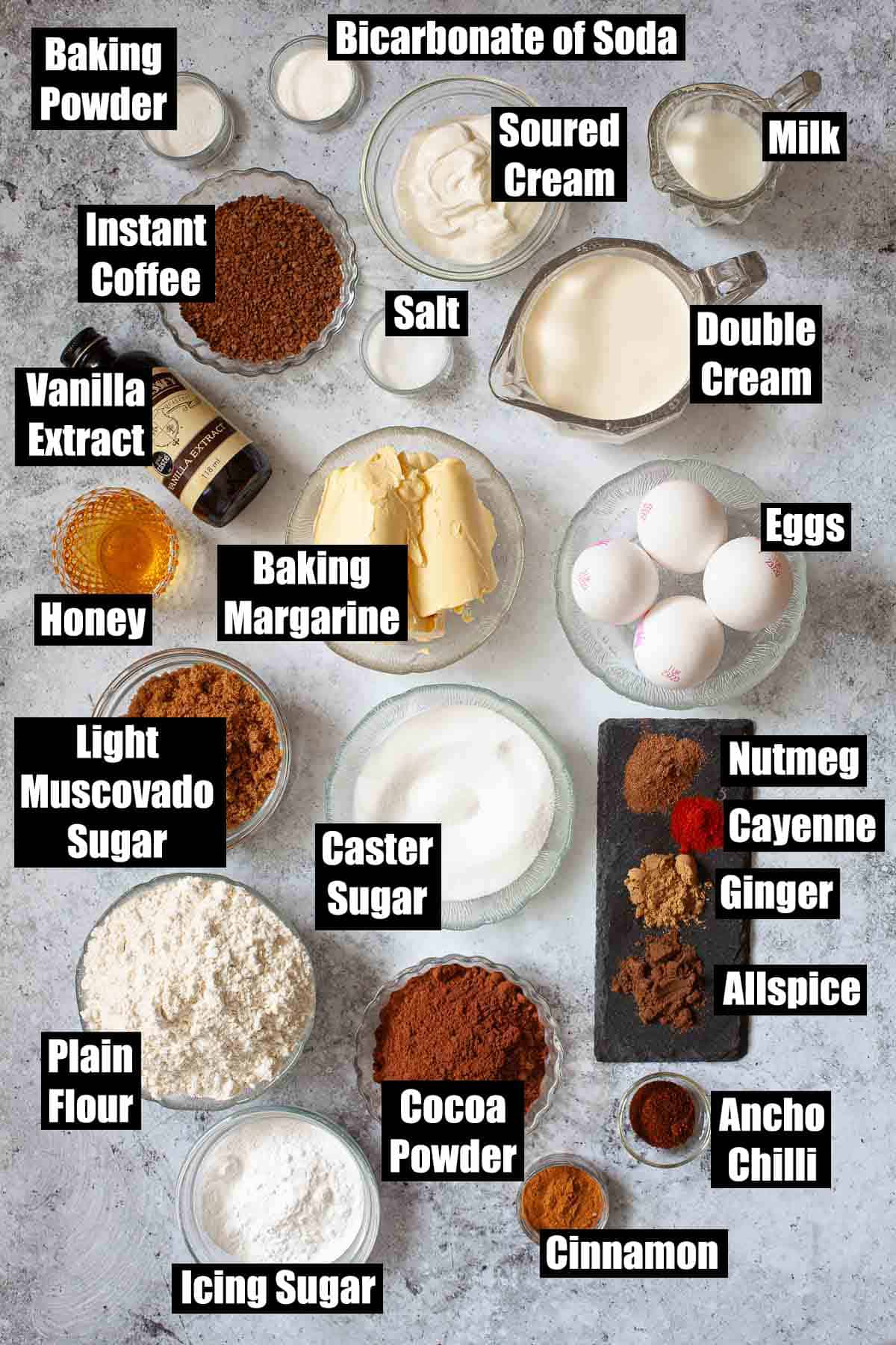 Labelled ingredients for a chocolate coffee cake with Mexican spices.