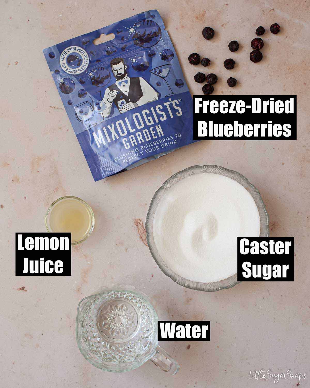 Labelled ingredients for blueberry cocktail syrup.