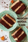 Three slices of Mexican chocolate coffee cake on blue plates with text overlay.