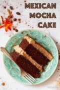 Labelled image of a slice of Mexican mocha cake on a blue plate with a fork.