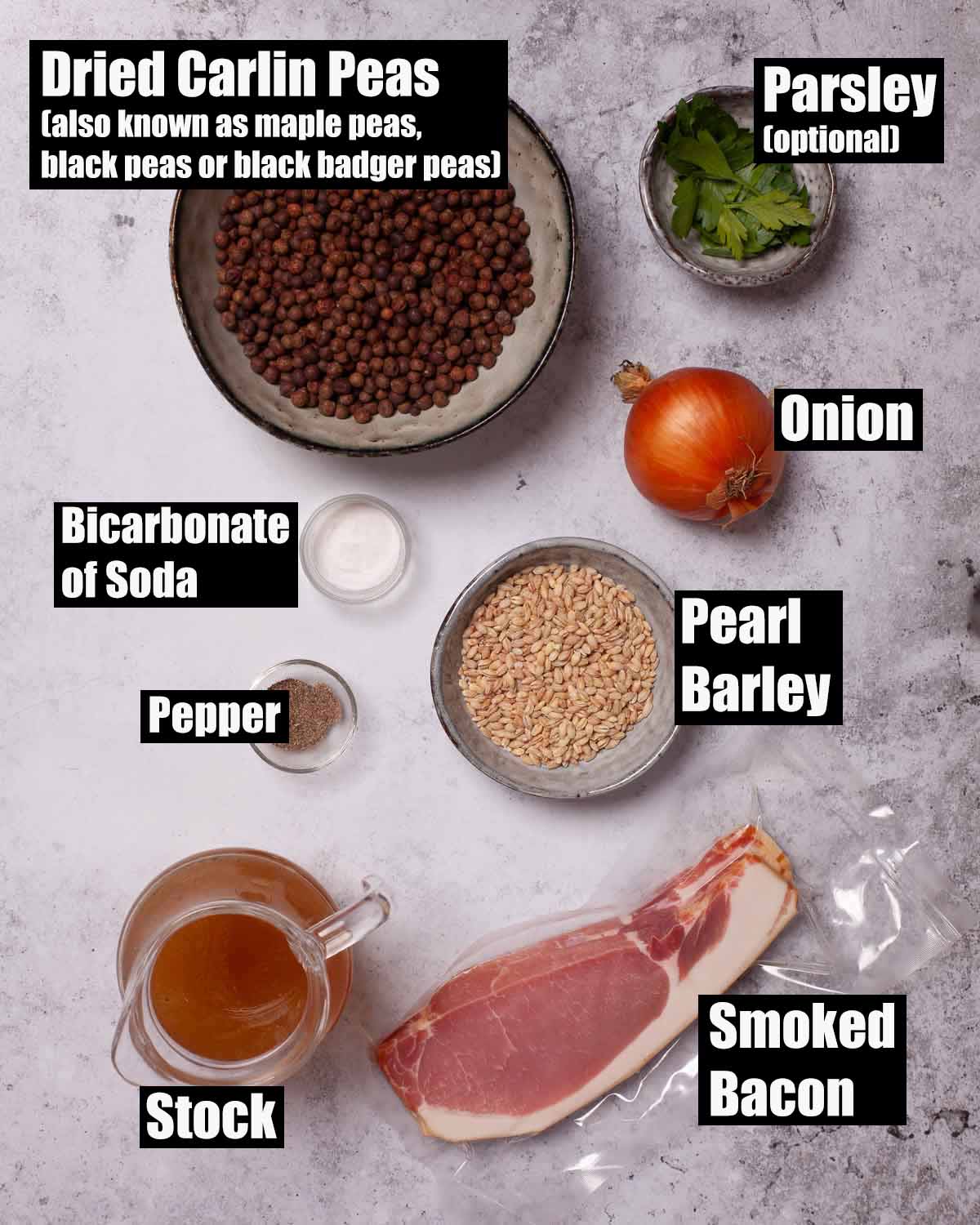Labelled ingredients for grey peas and bacon.