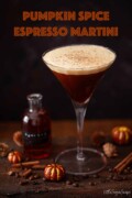 A pumpkin spice espresso martini with ground nutmeg garnish with text overlay.