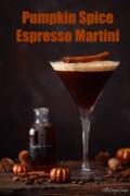 A coffee pumpkin spice martini topped with ground nutmeg and a cinnamon stick with text overlay.