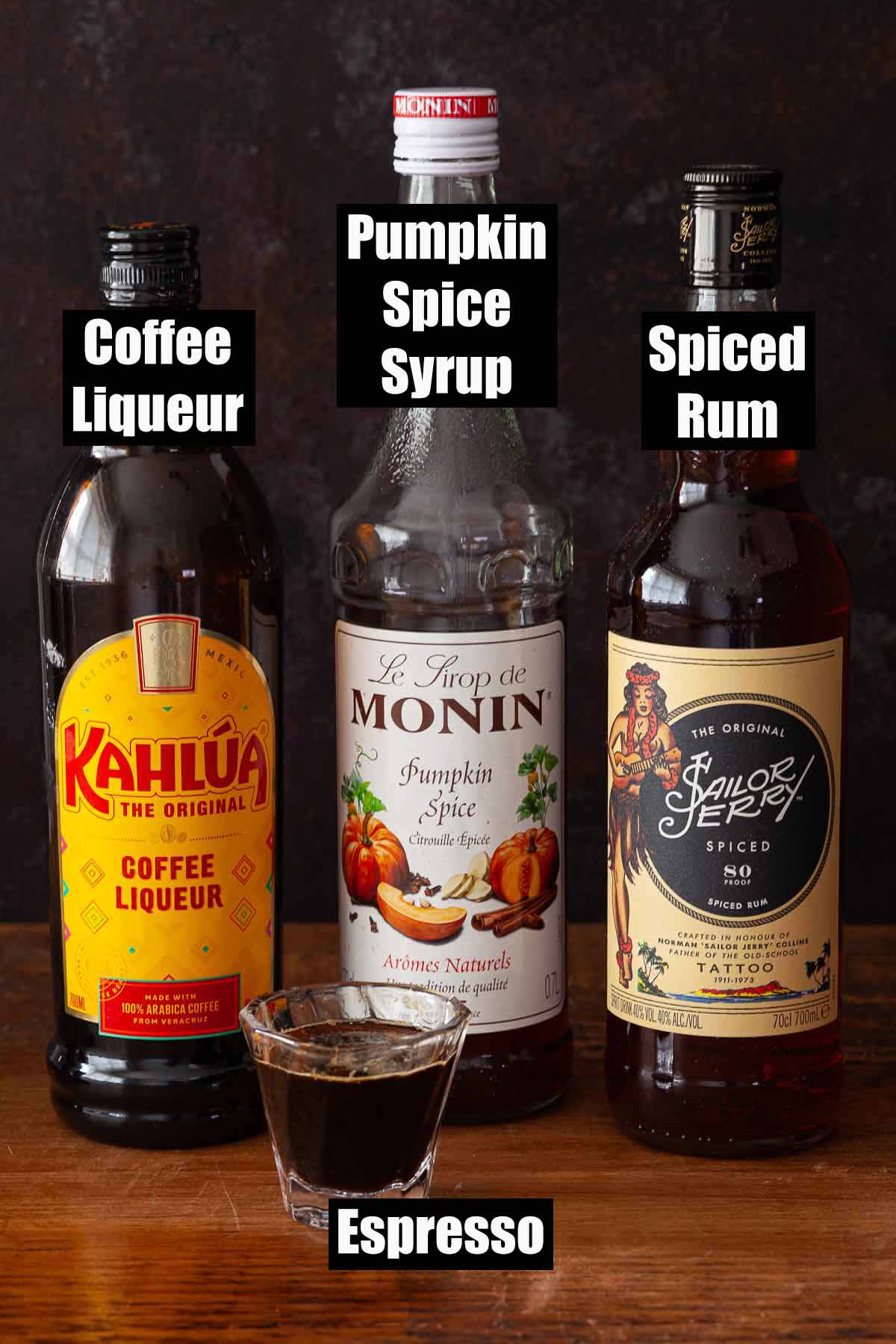 Labelled ingredients for a coffee cocktail.