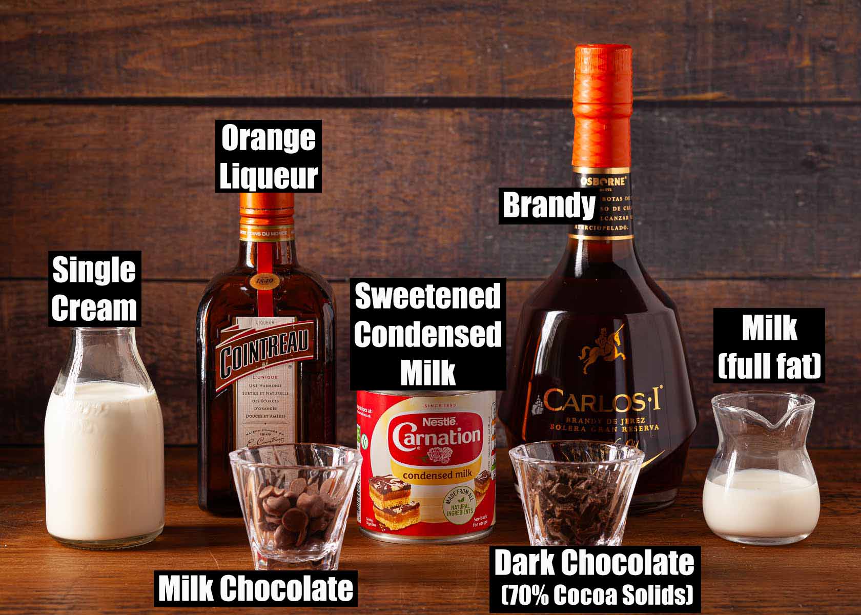 Labelled ingredients for a brandy chocolate liqueur recipe.