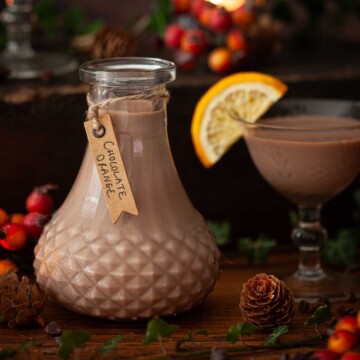 Close up of a bottle of chocolate orange cream liqueur with a label on the bottle neck.