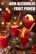 Non-alcoholic Christmas punch in heatproof glasses with freeze-dried fruit garnishes with text overlay.