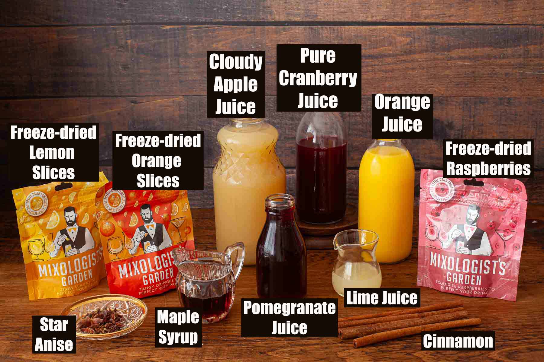 Labelled ingredients for a non-alcoholic fruit punch mocktail.