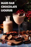 Chocolate liqueur with a miniature chocolate bar on a cocktail pick as a garnish with text overlay.