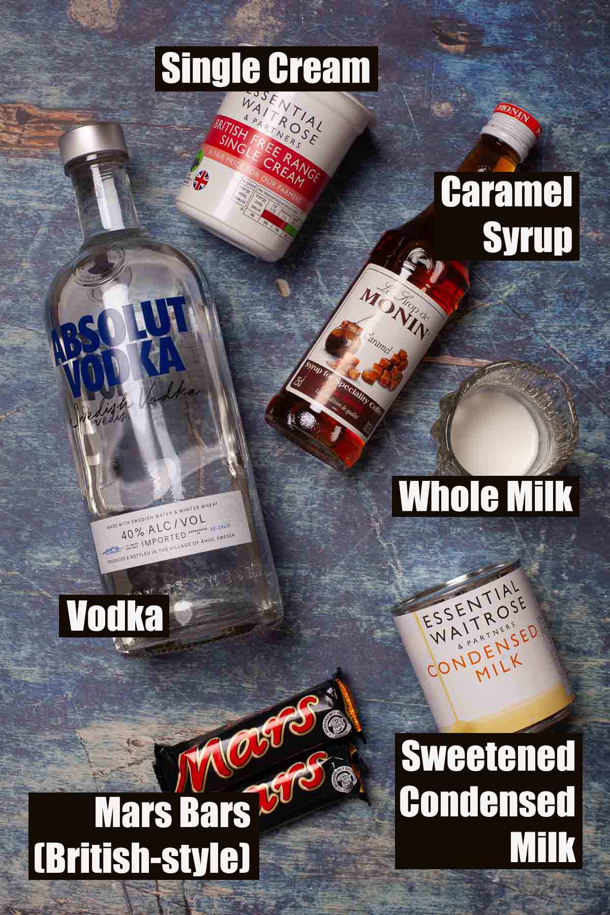 Labelled ingredients for a Mars Bar recipe to make chocolate vodka cream liqueur.