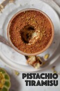 A bowl of coffee and pistachio cream dessert with text overlay.