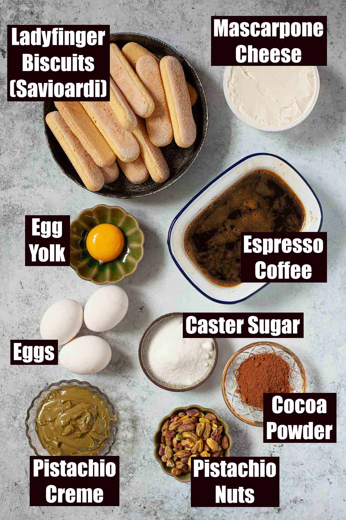 Labelled ingredients for a coffee and pistachio cream dessert.
