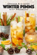 Prosecco and Pimms cocktails in a festive setting with text overlay.