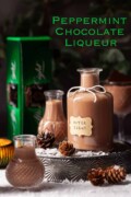 Bottle of homemade After Eight liqueur with text overlay