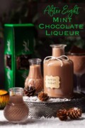 Bottles of homemade chocolate mint liqueur in a festive setting with text overlay.