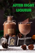 A glass of After Eight liqueur with a bottle behin in a festive setting with text overlay.