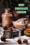 Mint chocolate liqueur served over ice with text overlay.