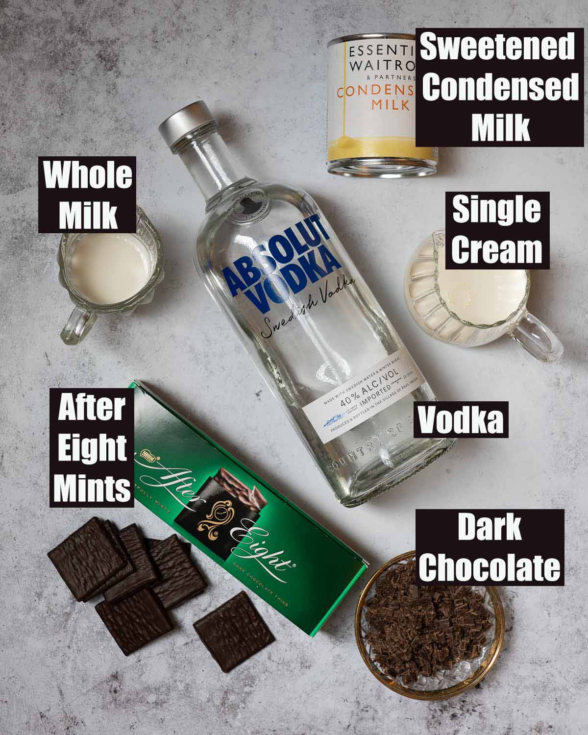 Labelled ingredients for After Eight liqueur
