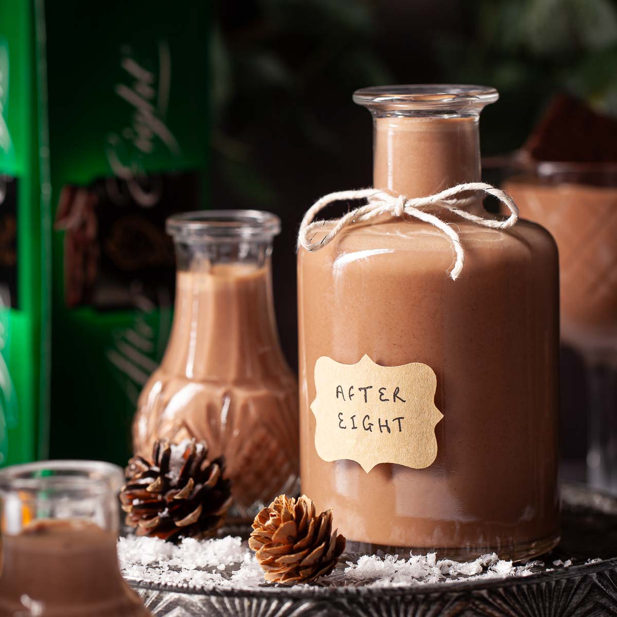 A bottle of After Eight liqueur (chocolate mint liqueur) in a festive setting.