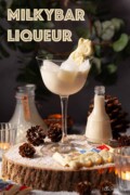 White chocolate liqueur served over ice with a Milkybar cowboy garnish. With text overlay.