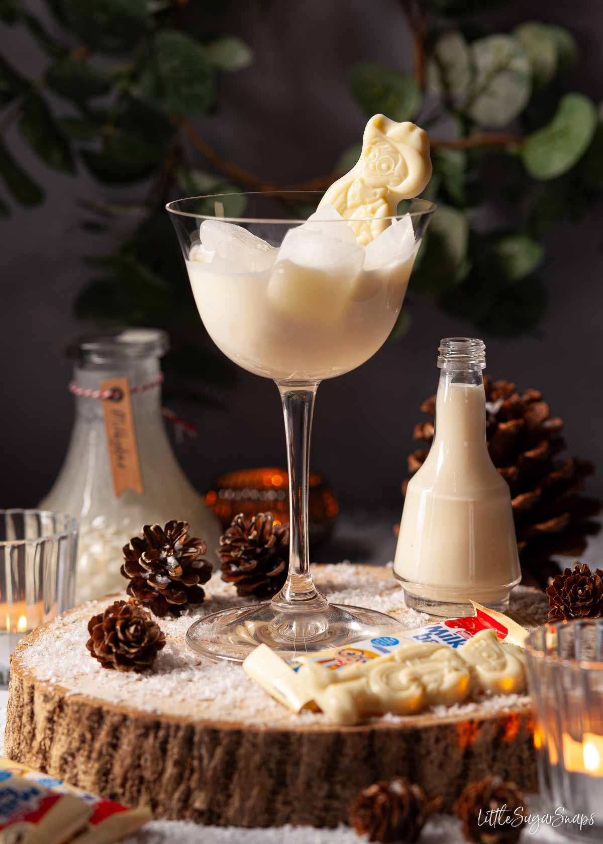 White chocolate liqueur served over ice with a Milkybar cowboy garnish.