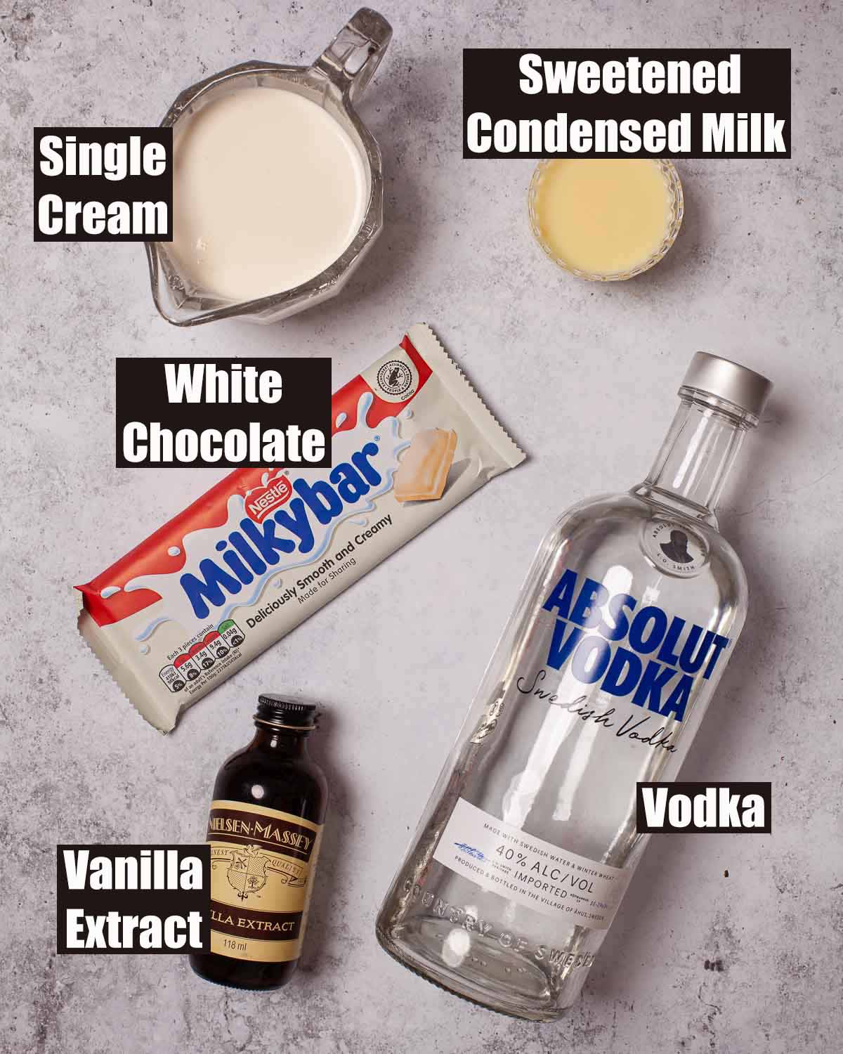 Labelled ingredients for white chocolate liqueur.
