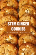 Soft stem ginger cookies with white chocolate chips with text overlay.