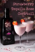 Labelled image of two glasses of Strawberry Tequila Rose cocktail and the bottle of liqueur.