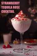 Labelled image of Tequila Rose cocktail topped with cream and crushed freeze-dried raspberries.