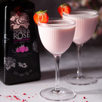 Close up of 2 glasses of Tequila Rose cocktail.