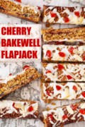 Slices of cherry Bakewell flapjack with icing, cherries and almonds on the top with text overlay.