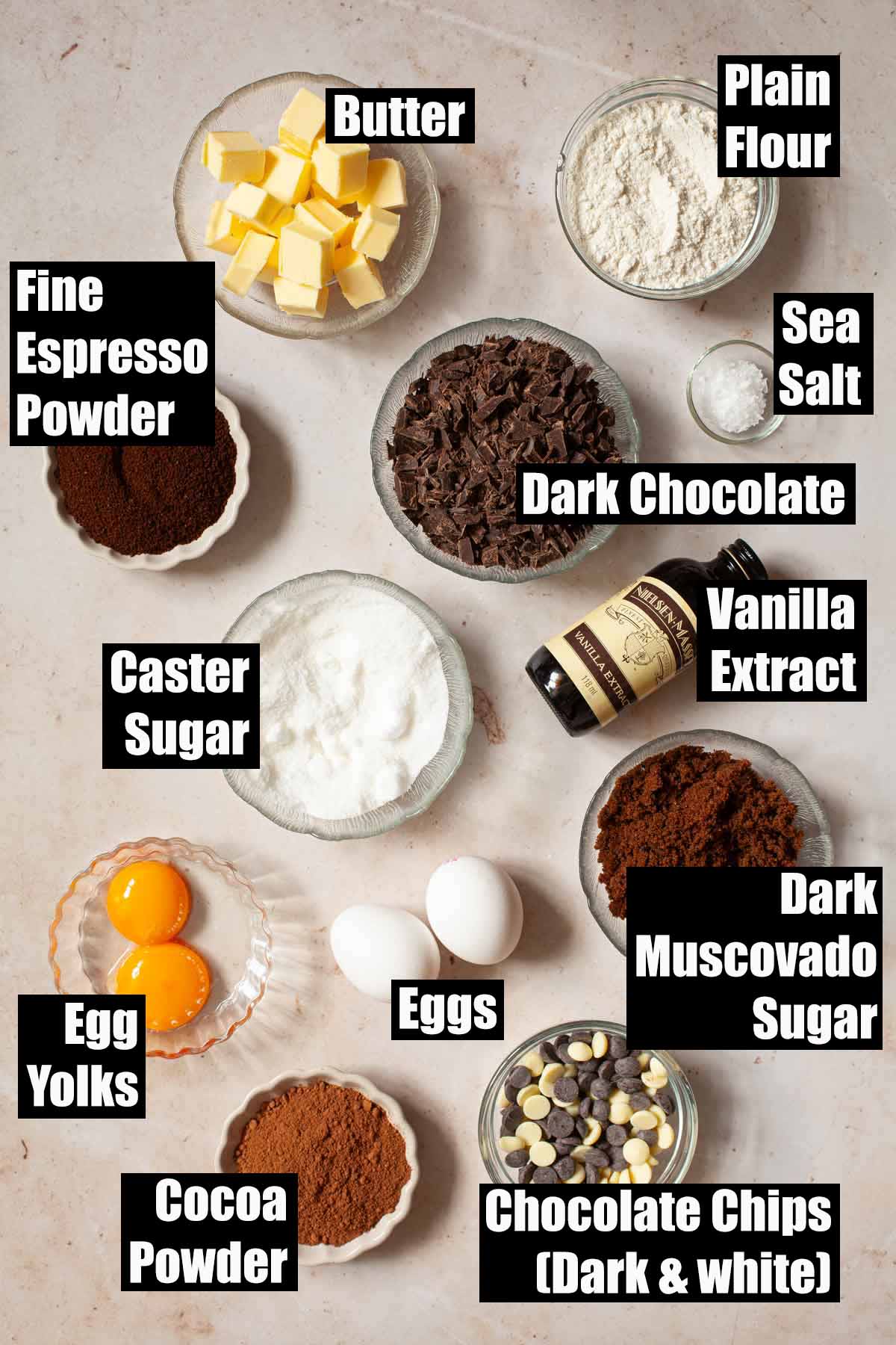 Labelled ingredients for chocolate espresso brownies.