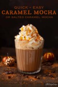 Labelled image of a glass mug of caramel mocha with cream, syrup and chocolate garnish.