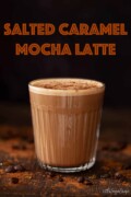 Labelled image of a caramel latte in a glass mug.