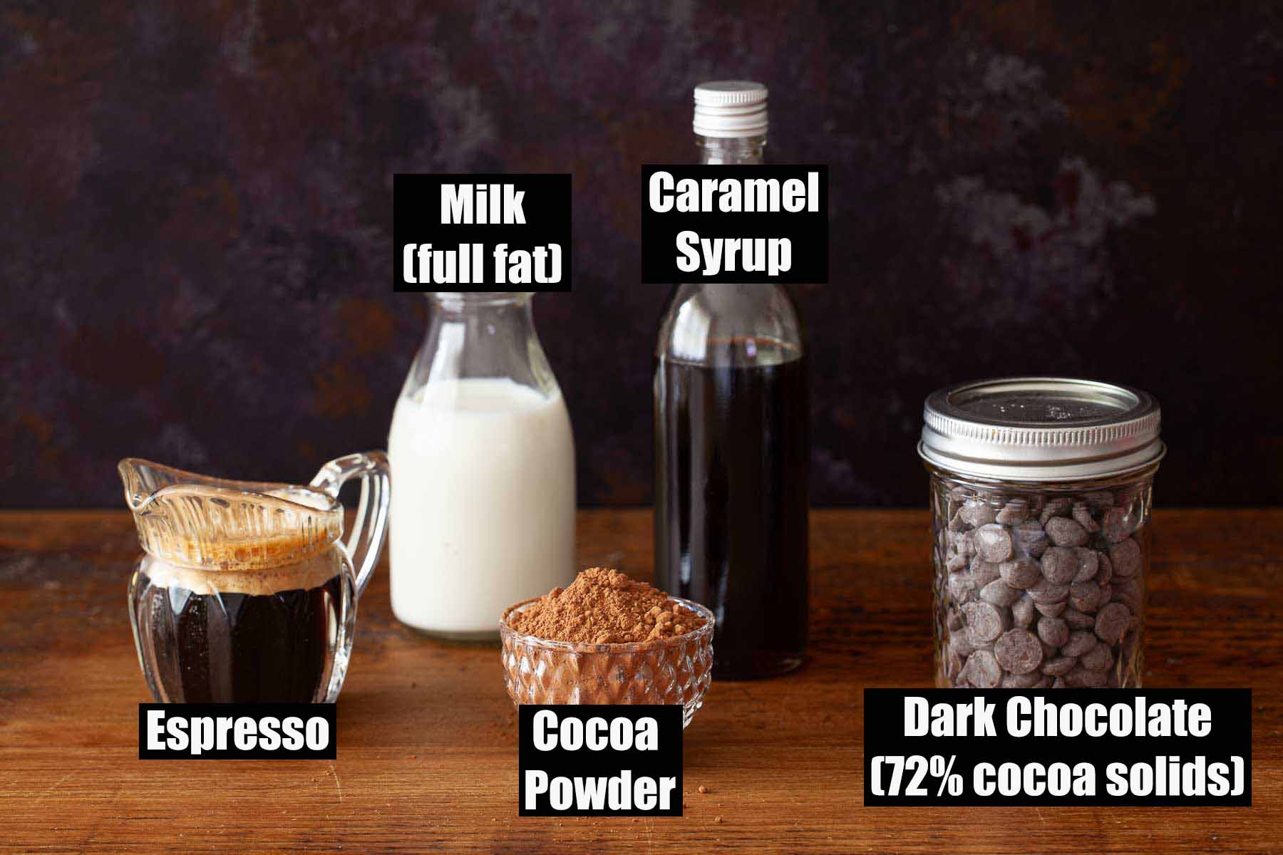 Labelled ingredients for a caramel latte.