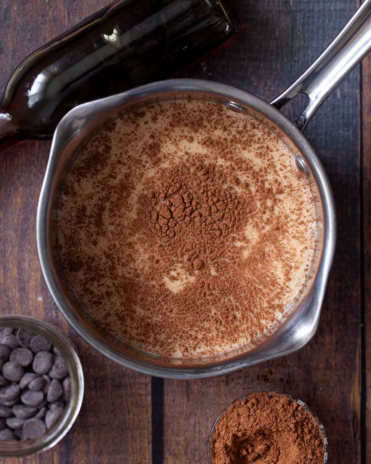 Milk and cocoa powder in a saucepan.