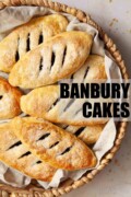 Labelled image of Banbury cakes in a wicker tray.