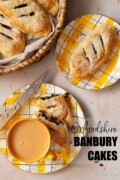 Labelled image of Banbury cakes served with a cup of tea.